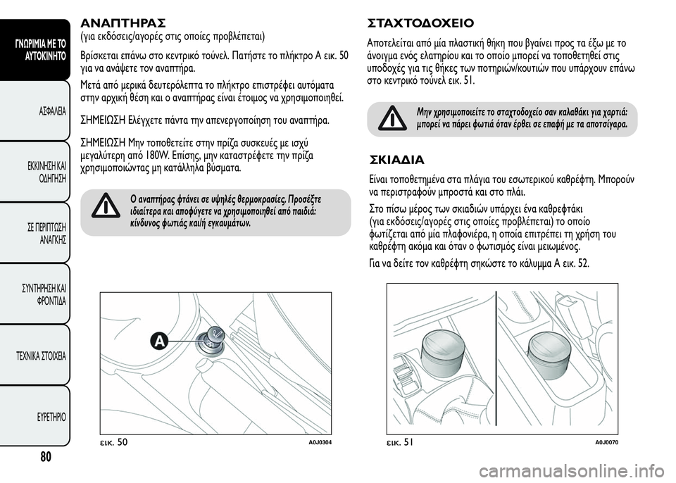 Alfa Romeo MiTo 2015  Εγχειρίδιο χρήσης (in Greek) ΑΝΑΠΤΗΡΑΣ
(για εκδόσεις/αγορές στις οποίες προβλέπεται)
Βρίσκεται επάνω στο κεντρικό τούνελ. Πατήστε το πλήκ