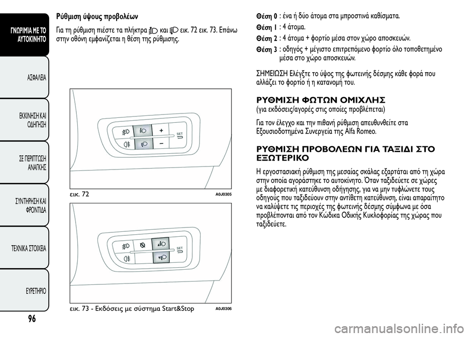 Alfa Romeo MiTo 2015  Εγχειρίδιο χρήσης (in Greek) Ρύθμιση ύψους προβολέων
Για τη ρύθμιση πιέστε τα πλήκτρα
καιεικ. 72 εικ. 73. Επάνω
στην οθόνη εμφανίζεται η θέση 