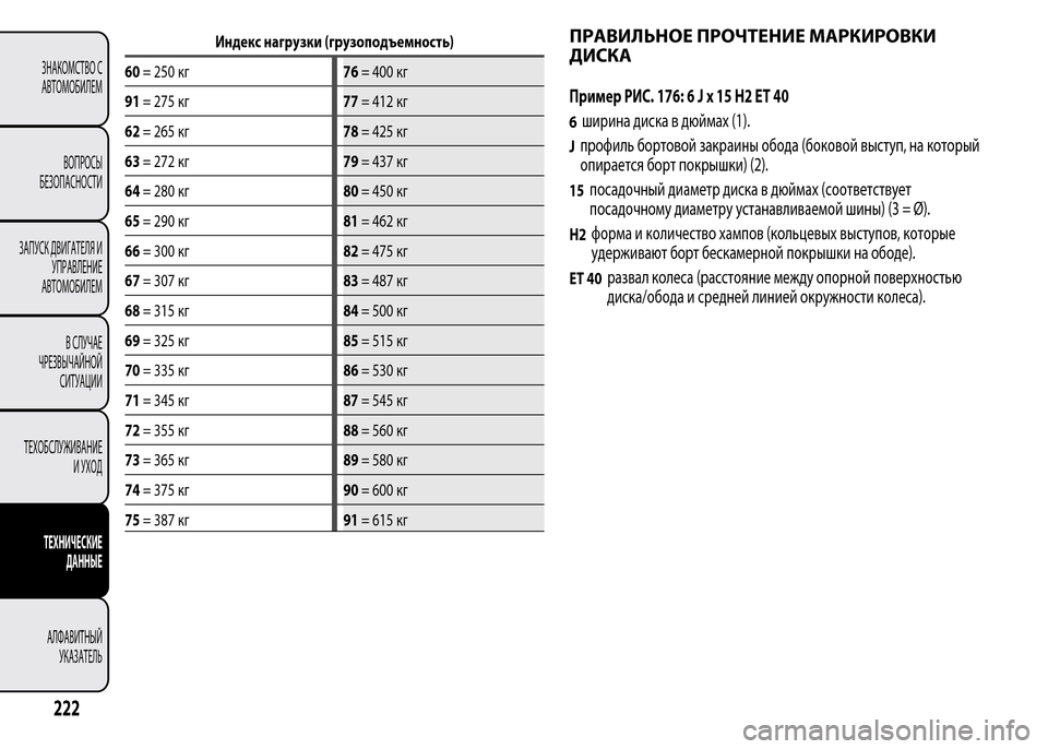 Alfa Romeo MiTo 2015  Инструкция по эксплуатации (in Russian) Индекс нагрузки (грузоподъемность)
60= 250 кг76= 400 кг
91= 275 кг77= 412 кг
62= 265 кг78= 425 кг
63= 272 кг79= 437 кг
64= 280 кг80= 450 кг
65= 290 к