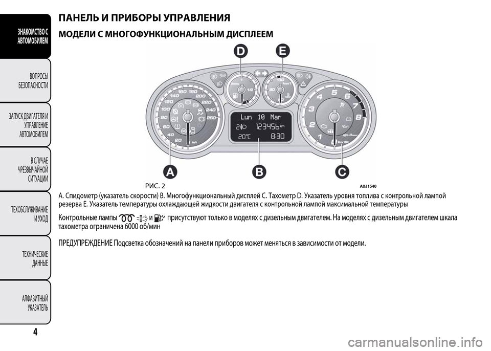 Alfa Romeo MiTo 2015  Инструкция по эксплуатации (in Russian) ПАНЕЛЬ И ПРИБОРЫ УПРАВЛЕНИЯ
МОДЕЛИ С МНОГОФУНКЦИОНАЛЬНЫМ ДИСПЛЕЕМ
A. Спидометр (указатель скорости) B. Многоф�