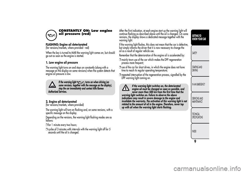 Alfa Romeo MiTo 2014 Owners Manual CONSTANTLY ON: Low engine
oil pressure (red)
FLASHING: Engine oil deteriorated
(for versions/markets, where provided - red)
When the key is turned to MAR the warning light comes on, but should
go out Alfa Romeo MiTo 2014 Owners Manual CONSTANTLY ON: Low engine
oil pressure (red)
FLASHING: Engine oil deteriorated
(for versions/markets, where provided - red)
When the key is turned to MAR the warning light comes on, but should
go out