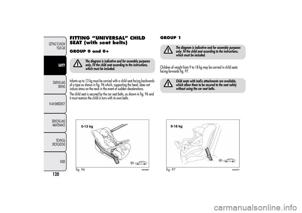 Alfa Romeo MiTo 2014 Owners Manual FITTING “UNIVERSAL” CHILD
SEAT (with seat belts)GROUP 0 and 0+
The diagram is indicative and for assembly purposes
only. Fit the child seat according to the instructions,
which must be included.
I Alfa Romeo MiTo 2014 Owners Manual FITTING “UNIVERSAL” CHILD
SEAT (with seat belts)GROUP 0 and 0+
The diagram is indicative and for assembly purposes
only. Fit the child seat according to the instructions,
which must be included.
I