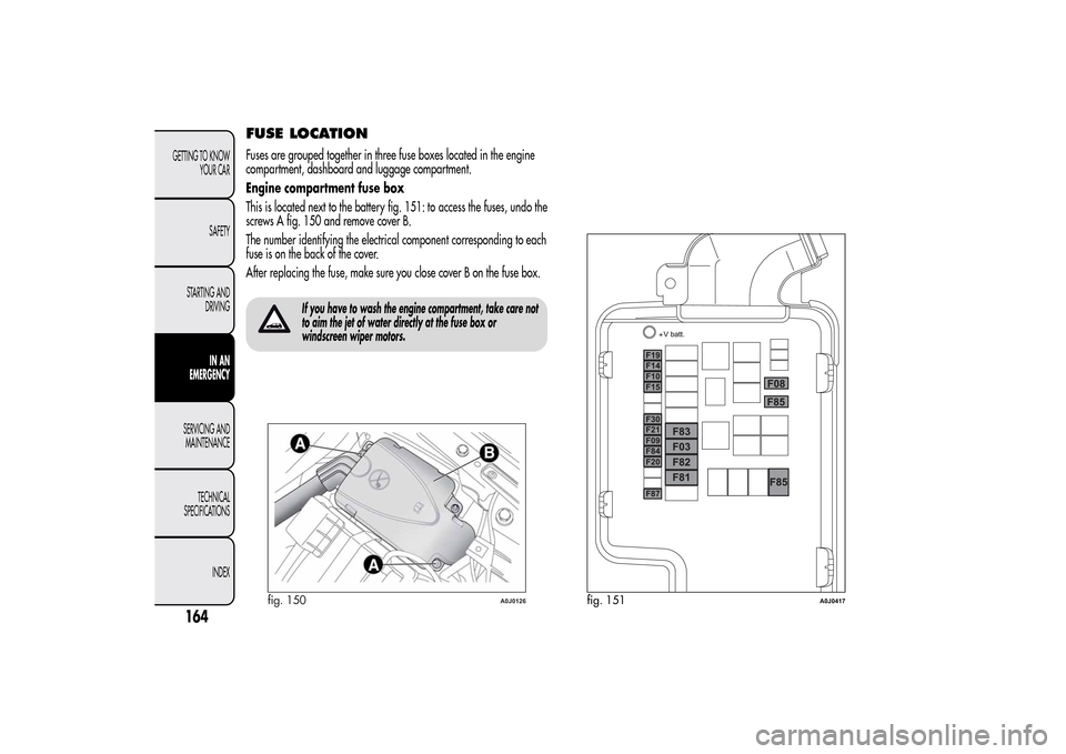 Alfa Romeo MiTo 2014 Owners Manual FUSE LOCATIONFuses are grouped together in three fuse boxes located in the engine
compartment, dashboard and luggage compartment.
Engine compartment fuse box
This is located next to the battery fig. 1 Alfa Romeo MiTo 2014 Owners Manual FUSE LOCATIONFuses are grouped together in three fuse boxes located in the engine
compartment, dashboard and luggage compartment.
Engine compartment fuse box
This is located next to the battery fig. 1