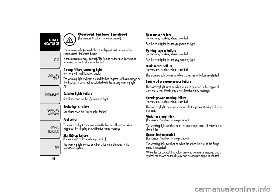 Alfa Romeo MiTo 2014  Owners Manual General failure (amber)(for versions/markets, where provided)
The warning light (or symbol on the display) switches on in the
circumstances indicated below.
In these circumstances, contact Alfa Romeo 