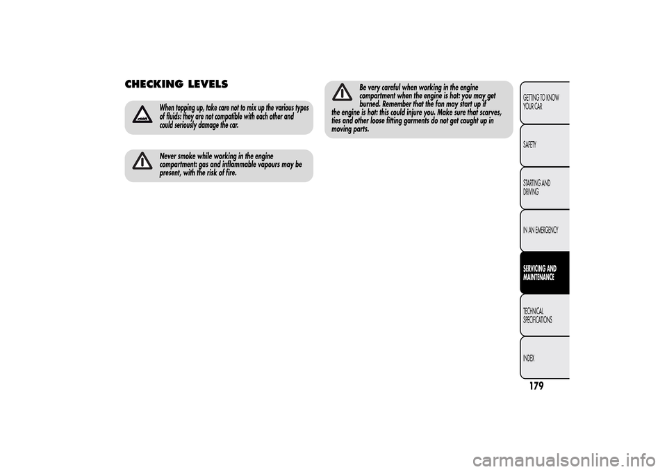 Alfa Romeo MiTo 2014 Owners Manual CHECKING LEVELS
When topping up, take care not to mix up the various types
of fluids: they are not compatible with each other and
could seriously damage the car.Never smoke while working in the engine Alfa Romeo MiTo 2014 Owners Manual CHECKING LEVELS
When topping up, take care not to mix up the various types
of fluids: they are not compatible with each other and
could seriously damage the car.Never smoke while working in the engine