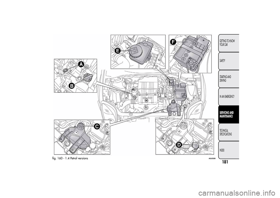 Alfa Romeo MiTo 2014 Owners Manual fig. 160 - 1.4 Petrol versions
A0J0300
181GETTING TO KNOW
YOUR CAR
SAFETY
STARTING AND
DRIVING
IN AN EMERGENCYSERVICING AND
MAINTENANCETECHNICAL
SPECIFICATIONS
INDEX Alfa Romeo MiTo 2014 Owners Manual fig. 160 - 1.4 Petrol versions
A0J0300
181GETTING TO KNOW
YOUR CAR
SAFETY
STARTING AND
DRIVING
IN AN EMERGENCYSERVICING AND
MAINTENANCETECHNICAL
SPECIFICATIONS
INDEX