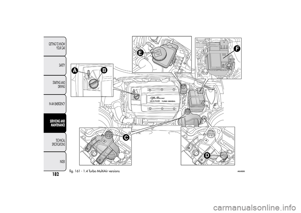 Alfa Romeo MiTo 2014 Owners Manual fig. 161 - 1.4 Turbo MultiAir versions
A0J0283
182GETTING TO KNOW
YOUR CAR
SAFETY
STARTING AND
DRIVING
IN AN EMERGENCYSERVICING AND
MAINTENANCE
TECHNICAL
SPECIFICATIONS
INDEX Alfa Romeo MiTo 2014 Owners Manual fig. 161 - 1.4 Turbo MultiAir versions
A0J0283
182GETTING TO KNOW
YOUR CAR
SAFETY
STARTING AND
DRIVING
IN AN EMERGENCYSERVICING AND
MAINTENANCE
TECHNICAL
SPECIFICATIONS
INDEX