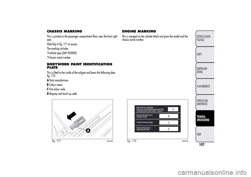 Alfa Romeo MiTo 2014 Owners Manual CHASSIS MARKINGThis is printed on the passenger compartment floor, near the front right
seat.
Slide flap A fig. 171 to access.
The marking includes:
❒vehicle type (ZAR 955000);
❒chassis serial num Alfa Romeo MiTo 2014 Owners Manual CHASSIS MARKINGThis is printed on the passenger compartment floor, near the front right
seat.
Slide flap A fig. 171 to access.
The marking includes:
❒vehicle type (ZAR 955000);
❒chassis serial num