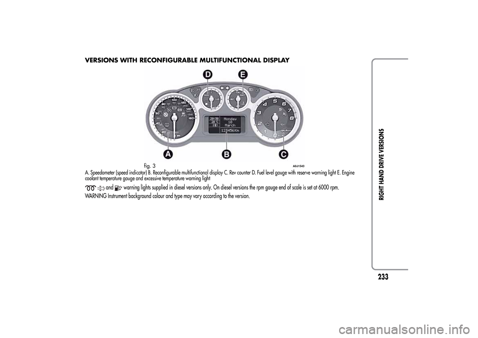 Alfa Romeo MiTo 2014  Owners Manual VERSIONS WITH RECONFIGURABLE MULTIFUNCTIONAL DISPLAYA. Speedometer (speed indicator) B. Reconfigurable multifunctional display C. Rev counter D. Fuel level gauge with reserve warning light E. Engine
c