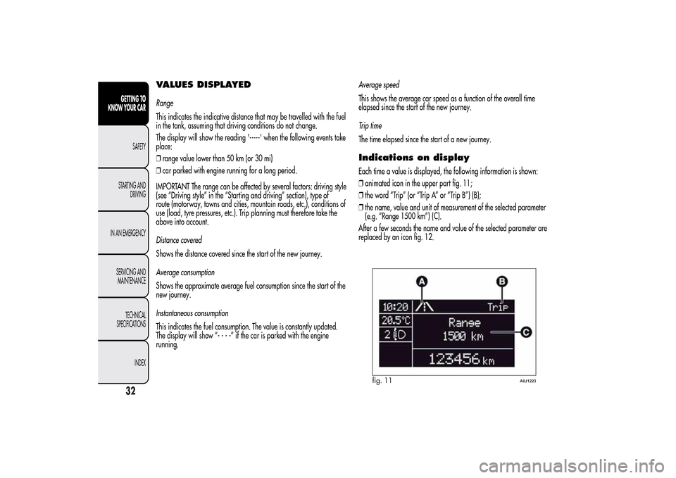 Alfa Romeo MiTo 2014 Owners Guide VALUES DISPLAYEDRange
This indicates the indicative distance that may be travelled with the fuel
in the tank, assuming that driving conditions do not change.
The display will show the reading ----- Alfa Romeo MiTo 2014 Owners Guide VALUES DISPLAYEDRange
This indicates the indicative distance that may be travelled with the fuel
in the tank, assuming that driving conditions do not change.
The display will show the reading -----