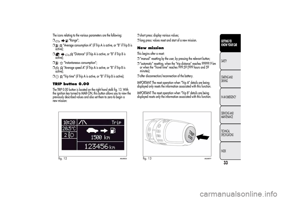 Alfa Romeo MiTo 2014 Owners Guide The icons relating to the various parameters are the following:
❒
"Range";
❒
"Average consumption A” (if Trip A is active, or “B” if Trip B is
active);
❒
"Distance" (if Trip A is active, o Alfa Romeo MiTo 2014 Owners Guide The icons relating to the various parameters are the following:
❒
"Range";
❒
"Average consumption A” (if Trip A is active, or “B” if Trip B is
active);
❒
"Distance" (if Trip A is active, o