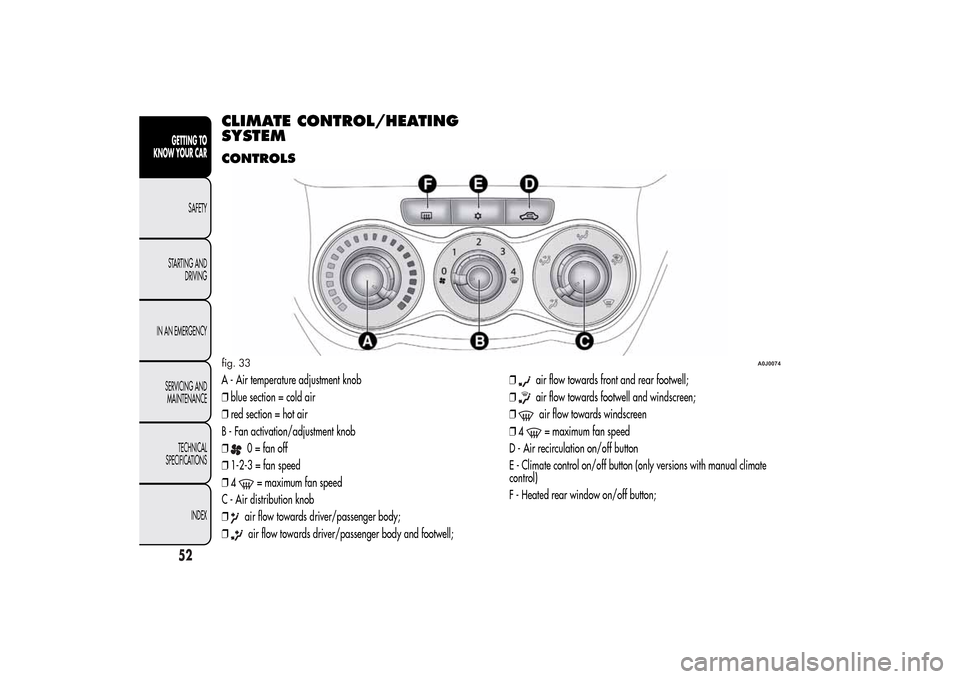 Alfa Romeo MiTo 2014 Workshop Manual CLIMATE CONTROL/HEATING
SYSTEMCONTROLSA - Air temperature adjustment knob
❒blue section = cold air
❒red section = hot air
B - Fan activation/adjustment knob
❒
0 = fan off
❒1-2-3 = fan speed
Alfa Romeo MiTo 2014 Workshop Manual CLIMATE CONTROL/HEATING
SYSTEMCONTROLSA - Air temperature adjustment knob
❒blue section = cold air
❒red section = hot air
B - Fan activation/adjustment knob
❒
0 = fan off
❒1-2-3 = fan speed