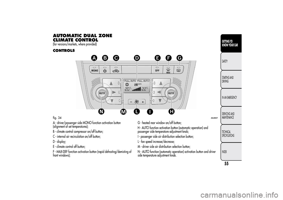Alfa Romeo MiTo 2014 Workshop Manual AUTOMATIC DUAL ZONE
CLIMATE CONTROL(for versions/markets, where provided)CONTROLSA - driver/passenger side MONO function activation button
(alignment of set temperatures);
B - climate control compress Alfa Romeo MiTo 2014 Workshop Manual AUTOMATIC DUAL ZONE
CLIMATE CONTROL(for versions/markets, where provided)CONTROLSA - driver/passenger side MONO function activation button
(alignment of set temperatures);
B - climate control compress