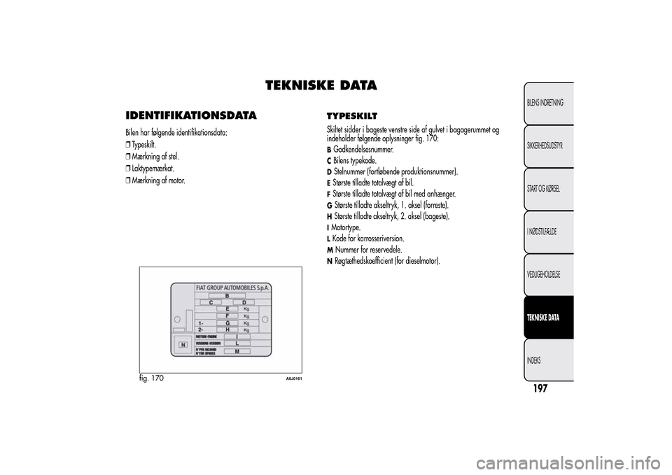 Alfa Romeo MiTo 2014  Instruktionsbog (in Danish) TEKNISKE DATA
IDENTIFIKATIONSDATABilen har følgende identifikationsdata:
❒Typeskilt.
❒Mærkning af stel.
❒Laktypemærkat.
❒Mærkning af motor.
TYPESKILTSkiltet sidder i bageste venstre side a