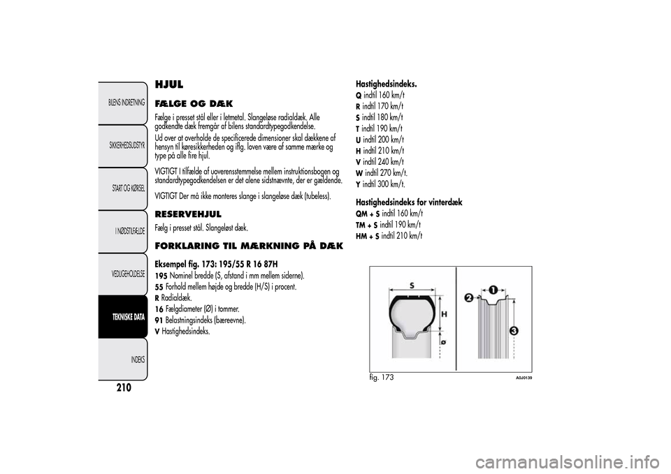 Alfa Romeo MiTo 2014 Instruktionsbog (in Danish) HJULFÆ L G E O G D Æ KFælge i presset stål eller i letmetal. Slangeløse radialdæk. Alle
godkendte dæk fremgår af bilens standardtypegodkendelse.
Ud over at overholde de specificerede dimension Alfa Romeo MiTo 2014 Instruktionsbog (in Danish) HJULFÆ L G E O G D Æ KFælge i presset stål eller i letmetal. Slangeløse radialdæk. Alle
godkendte dæk fremgår af bilens standardtypegodkendelse.
Ud over at overholde de specificerede dimension