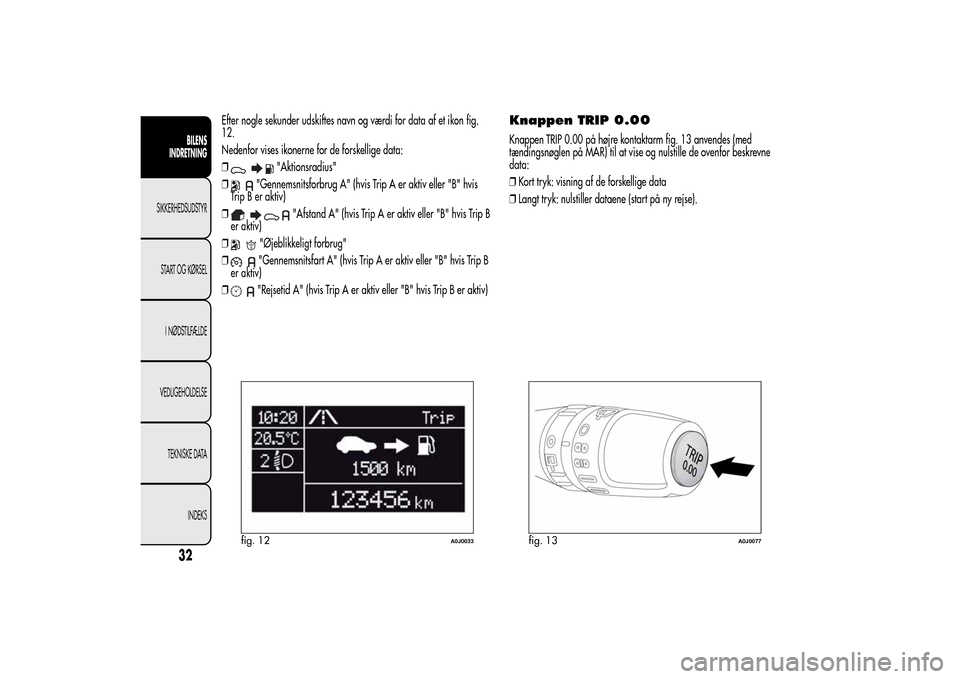 Alfa Romeo MiTo 2014  Instruktionsbog (in Danish) Efter nogle sekunder udskiftes navn og værdi for data af et ikon fig.
12.
Nedenfor vises ikonerne for de forskellige data:
❒
"Aktionsradius"
❒
"Gennemsnitsforbrug A" (hvis Trip A er aktiv eller "