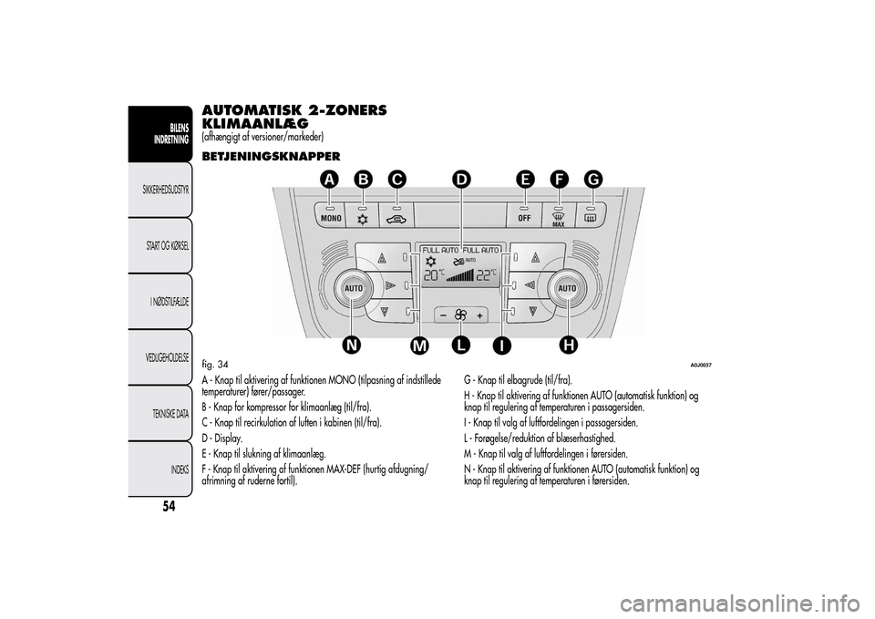 Alfa Romeo MiTo 2014  Instruktionsbog (in Danish) AUTOMATISK 2-ZONERS
KLIMAANLÆG(afhængigt af versioner/markeder)BETJENINGSKNAPPERA - Knap til aktivering af funktionen MONO (tilpasning af indstillede
temperaturer) fører/passager.
B - Knap for komp