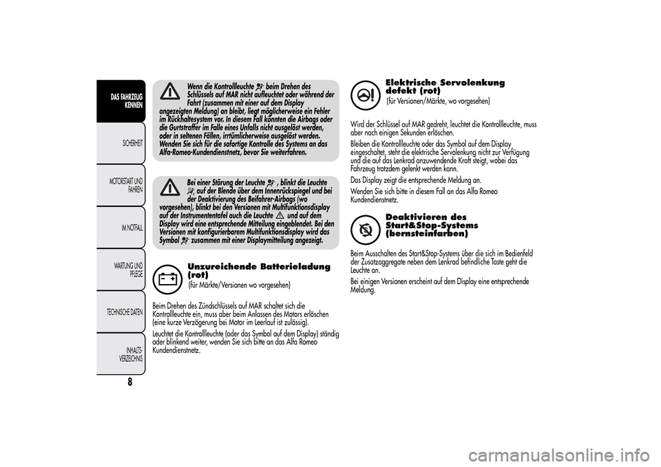 Alfa Romeo MiTo 2014  Betriebsanleitung (in German) Wenn die Kontrollleuchte
beim Drehen des
Schlüssels auf MAR nicht aufleuchtet oder während der
Fahrt (zusammen mit einer auf dem Display
angezeigten Meldung) an bleibt, liegt möglicherweise ein Feh