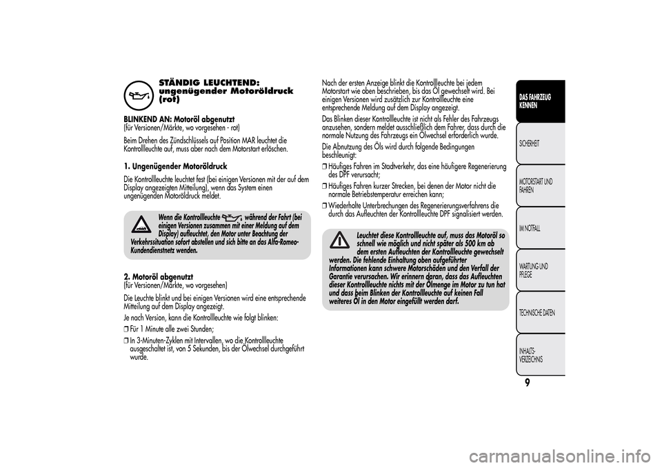 Alfa Romeo MiTo 2014  Betriebsanleitung (in German) STÄNDIG LEUCHTEND:
ungenügender Motoröldruck
(rot)
BLINKEND AN: Motoröl abgenutzt
(für Versionen/Märkte, wo vorgesehen - rot)
Beim Drehen des Zündschlüssels auf Position MAR leuchtet die
Kontr