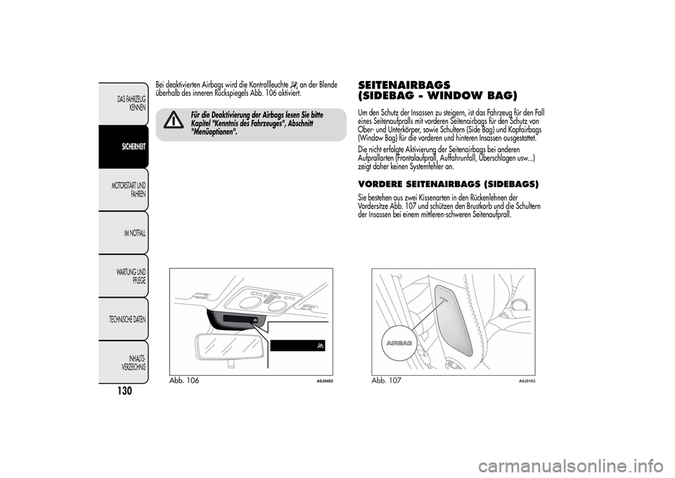 Alfa Romeo MiTo 2014  Betriebsanleitung (in German) Bei deaktivierten Airbags wird die Kontrollleuchte
an der Blende
überhalb des inneren Rückspiegels Abb. 106 aktiviert.
Für die Deaktivierung der Airbags lesen Sie bitte
Kapitel "Kenntnis des Fahrze