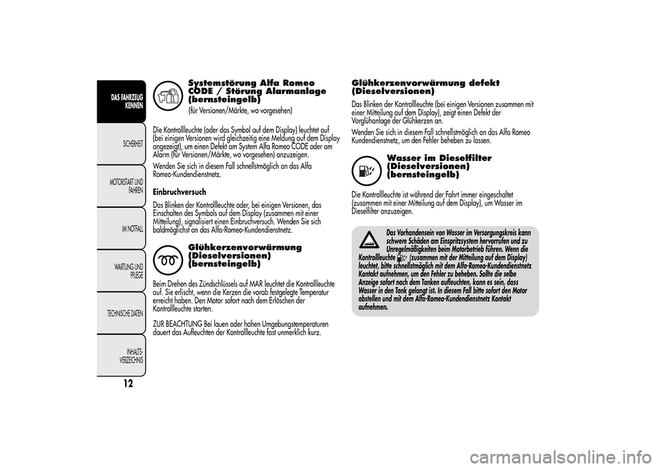 Alfa Romeo MiTo 2014  Betriebsanleitung (in German) Systemstörung Alfa Romeo
CODE / Störung Alarmanlage
(bernsteingelb)(für Versionen/Märkte, wo vorgesehen)
Die Kontrollleuchte (oder das Symbol auf dem Display) leuchtet auf
(bei einigen Versionen w
