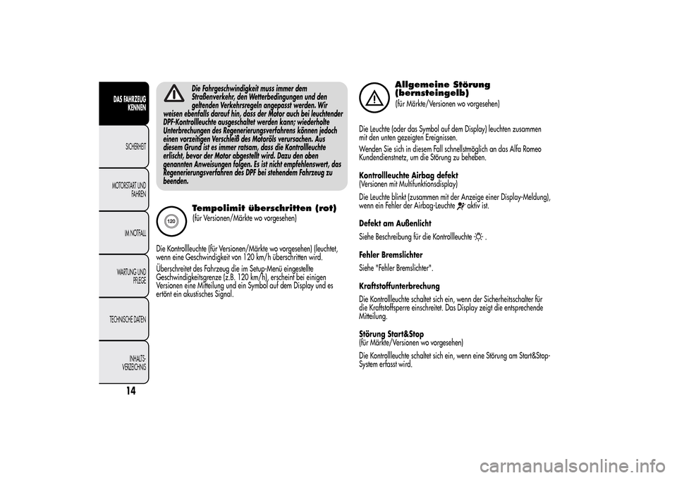 Alfa Romeo MiTo 2014  Betriebsanleitung (in German) Die Fahrgeschwindigkeit muss immer dem
Straßenverkehr, den Wetterbedingungen und den
geltenden Verkehrsregeln angepasst werden. Wir
weisen ebenfalls darauf hin, dass der Motor auch bei leuchtender
DP