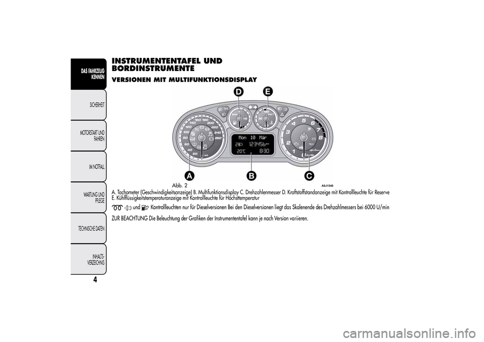 Alfa Romeo MiTo 2014  Betriebsanleitung (in German) INSTRUMENTENTAFEL UND
BORDINSTRUMENTEVERSIONEN MIT MULTIFUNKTIONSDISPLAYA. Tachometer (Geschwindigkeitsanzeige) B. Multifunktionsdisplay C. Drehzahlenmesser D. Kraftstoffstandanzeige mit Kontrollleuch