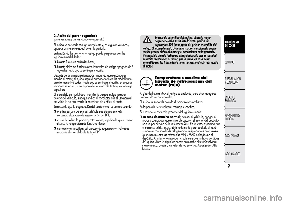 Alfa Romeo MiTo 2014  Manual del propietario (in Spanish) 2. Aceite del motor degradado
(para versiones/países, donde esté previsto)
El testigo se enciende con luz intermitente y, en algunas versiones,
aparece un mensaje específico en la pantalla.
En func