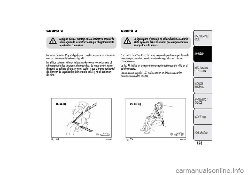 Alfa Romeo MiTo 2014  Manual del propietario (in Spanish) GRUPO 2
La figura para el montaje es sólo indicativa. Montar la
sillita siguiendo las instrucciones que obligatoriamente
se adjuntan a la misma.
Los niños de entre 15 y 25 kg de peso pueden sujetars
