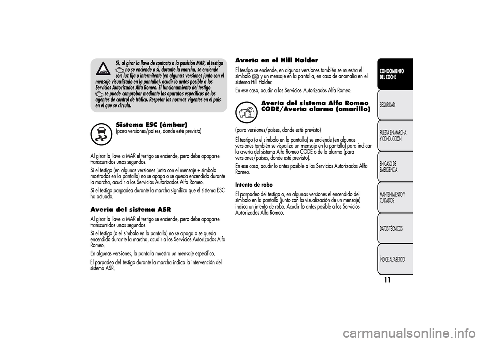 Alfa Romeo MiTo 2014  Manual del propietario (in Spanish) Si, al girar la llave de contacto a la posición MAR, el testigo
no se enciende o si, durante la marcha, se enciende
con luz fija o intermitente (en algunas versiones junto con el
mensaje visualizado 