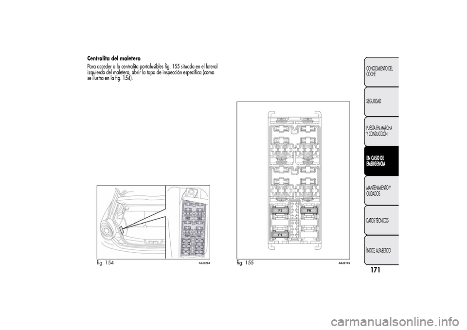 Alfa Romeo MiTo 2014  Manual del propietario (in Spanish) Centralita del maletero
Para acceder a la centralita portafusibles fig. 155 situada en el lateral
izquierdo del maletero, abrir la tapa de inspección específica (como
se ilustra en la fig. 154).
fig