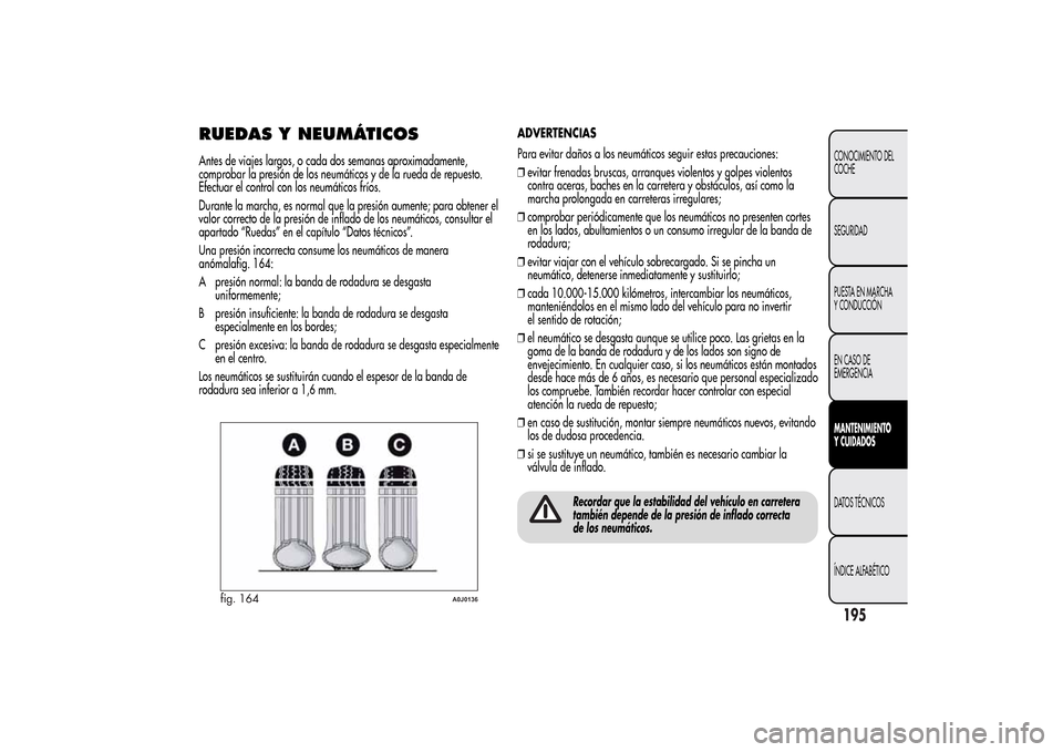 Alfa Romeo MiTo 2014 Manual del propietario (in Spanish) RUEDAS Y NEUMÁTICOSAntes de viajes largos, o cada dos semanas aproximadamente,
comprobar la presión de los neumáticos y de la rueda de repuesto.
Efectuar el control con los neumáticos fríos.
Dura Alfa Romeo MiTo 2014 Manual del propietario (in Spanish) RUEDAS Y NEUMÁTICOSAntes de viajes largos, o cada dos semanas aproximadamente,
comprobar la presión de los neumáticos y de la rueda de repuesto.
Efectuar el control con los neumáticos fríos.
Dura