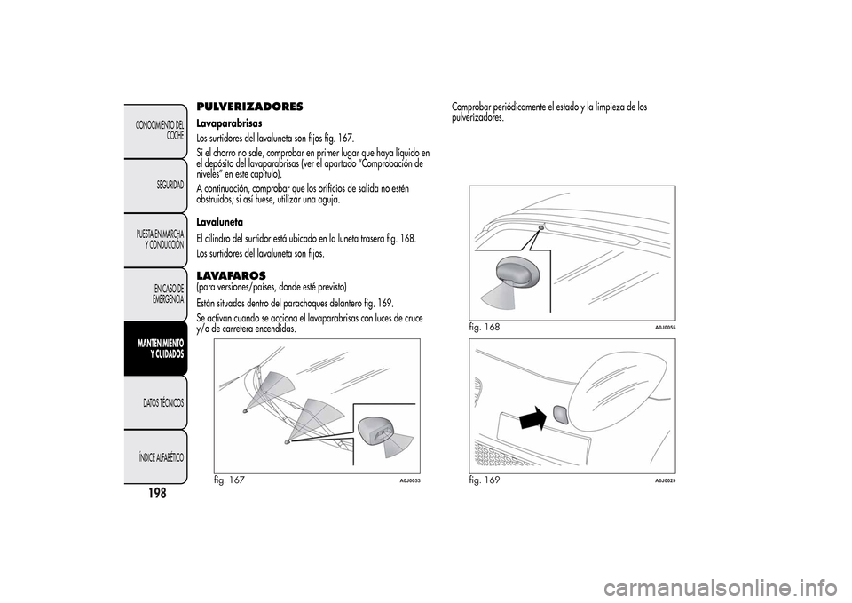 Alfa Romeo MiTo 2014  Manual del propietario (in Spanish) PULVERIZADORESLavaparabrisas
Los surtidores del lavaluneta son fijos fig. 167.
Si el chorro no sale, comprobar en primer lugar que haya líquido en
el depósito del lavaparabrisas (ver el apartado “