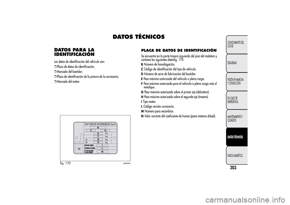 Alfa Romeo MiTo 2014  Manual del propietario (in Spanish) DATOS TÉCNICOS
DATOS PARA LA
IDENTIFICACIÓNLos datos de identificación del vehículo son:
❒Placa de datos de identificación;
❒Marcado del bastidor;
❒Placa de identificación de la pintura de