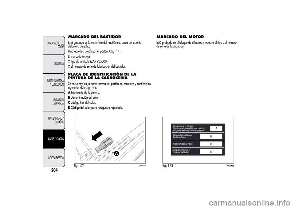 Alfa Romeo MiTo 2014  Manual del propietario (in Spanish) MARCADO DEL BASTIDOREstá grabado en la superficie del habitáculo, cerca del asiento
delantero derecho.
Para acceder, desplazar el portón A fig. 171.
El marcado incluye:
❒tipo de vehículo (ZAR 95