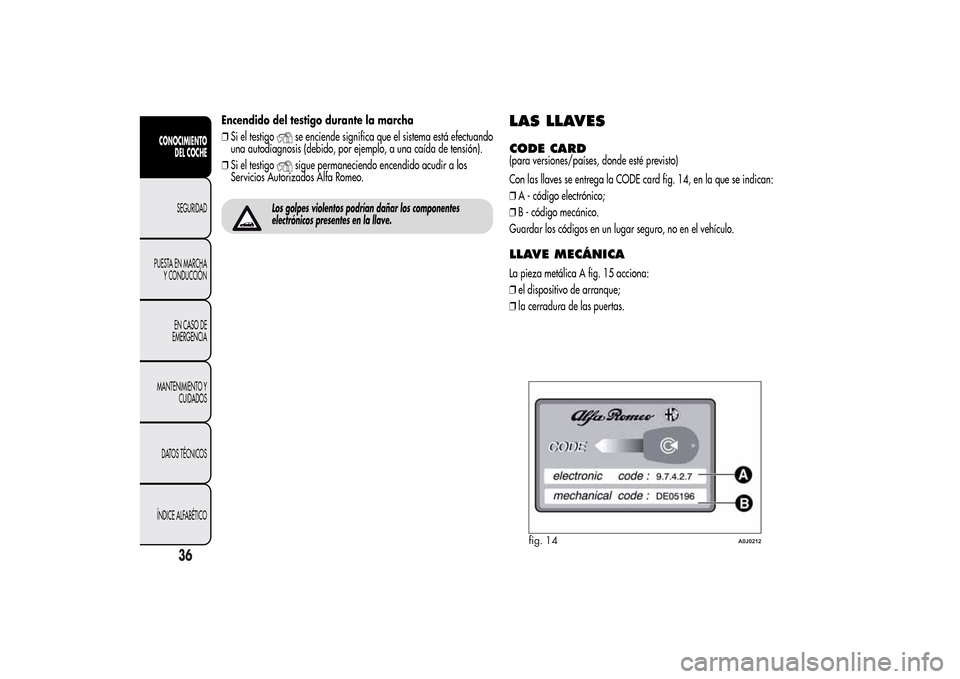 Alfa Romeo MiTo 2014 Manual del propietario (in Spanish) Encendido del testigo durante la marcha
❒Si el testigo
se enciende significa que el sistema está efectuando
una autodiagnosis (debido, por ejemplo, a una caída de tensión).
❒Si el testigosigue Alfa Romeo MiTo 2014 Manual del propietario (in Spanish) Encendido del testigo durante la marcha
❒Si el testigo
se enciende significa que el sistema está efectuando
una autodiagnosis (debido, por ejemplo, a una caída de tensión).
❒Si el testigosigue