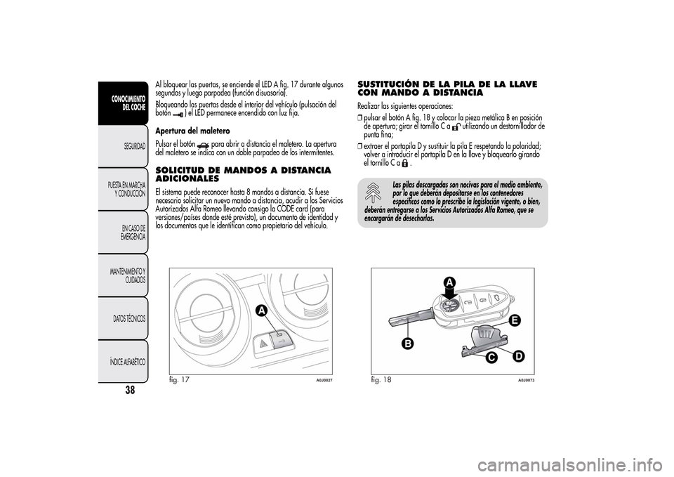 Alfa Romeo MiTo 2014  Manual del propietario (in Spanish) Al bloquear las puertas, se enciende el LED A fig. 17 durante algunos
segundos y luego parpadea (función disuasoria).
Bloqueando las puertas desde el interior del vehículo (pulsación del
botón
) e