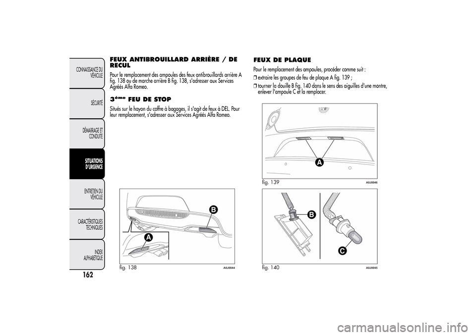 Alfa Romeo MiTo 2014  Manuel du propriétaire (in French) FEUX ANTIBROUILLARD ARRIÈRE / DE
RECULPour le remplacement des ampoules des feux antibrouillards arrière A
fig. 138 ou de marche arrière B fig. 138, sadresser aux Services
Agréés Alfa Romeo.3èm