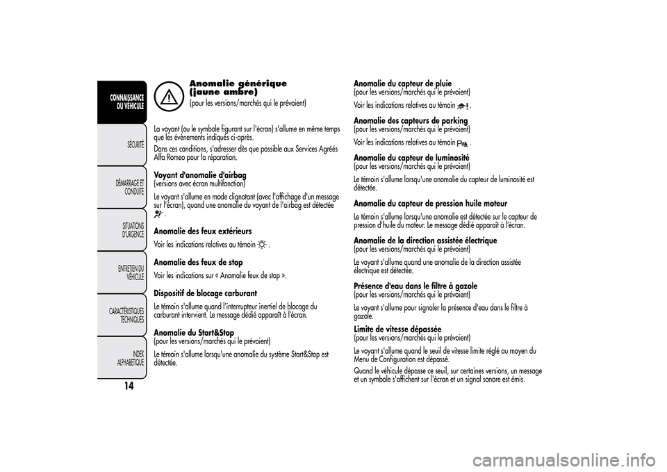 Alfa Romeo MiTo 2014  Manuel du propriétaire (in French) Anomalie générique
(jaune ambre)(pour les versions/marchés qui le prévoient)
La voyant (ou le symbole figurant sur lécran) sallume en même temps
que les évènements indiqués ci-après.
Dans 
