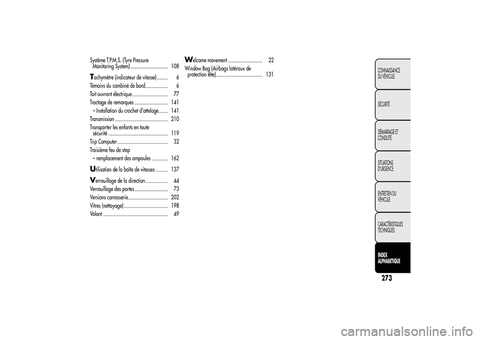 Alfa Romeo MiTo 2014  Manuel du propriétaire (in French) Système T.P.M.S. (Tyre Pressure
Monitoring System) ............................ 108Tachymètre (indicateur de vitesse) ........ 6
Témoins du combiné de bord................. 6
Toit ouvrant électri