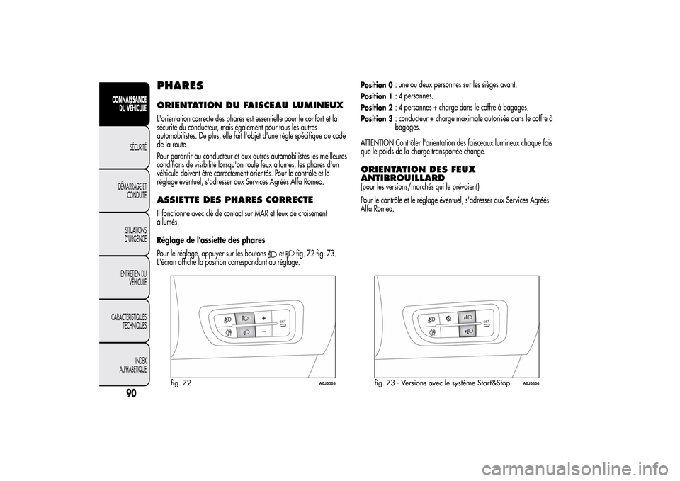 Alfa Romeo MiTo 2014  Manuel du propriétaire (in French) PHARESORIENTATION DU FAISCEAU LUMINEUXLorientation correcte des phares est essentielle pour le confort et la
sécurité du conducteur, mais également pour tous les autres
automobilistes. De plus, el