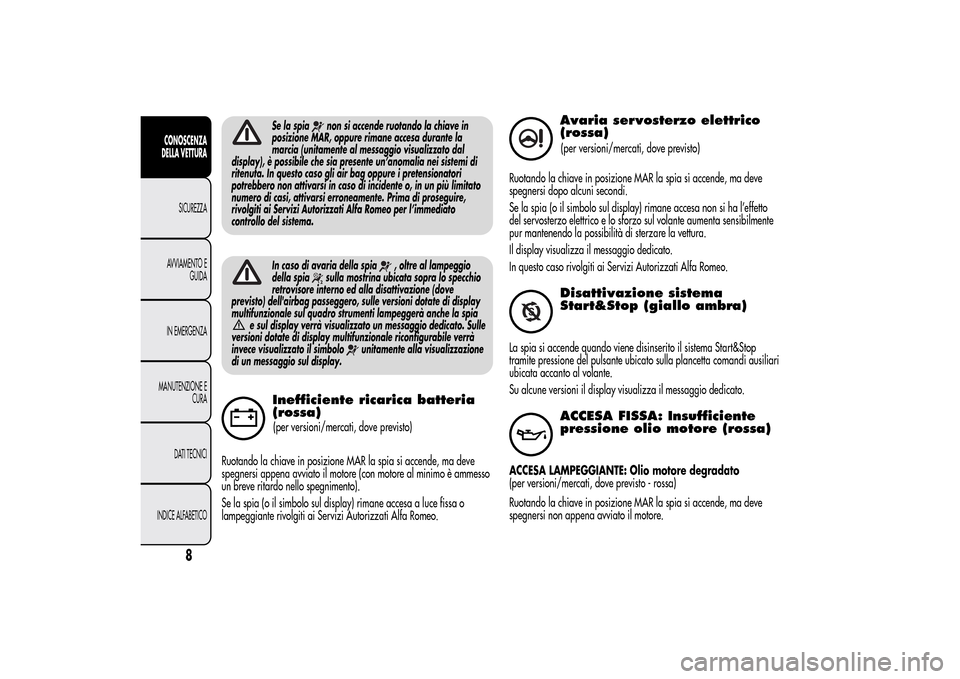 Alfa Romeo MiTo 2014  Manuale del proprietario (in Italian) Se la spia
non si accende ruotando la chiave in
posizione MAR, oppure rimane accesa durante la
marcia (unitamente al messaggio visualizzato dal
display), è possibile che sia presente un’anomalia ne