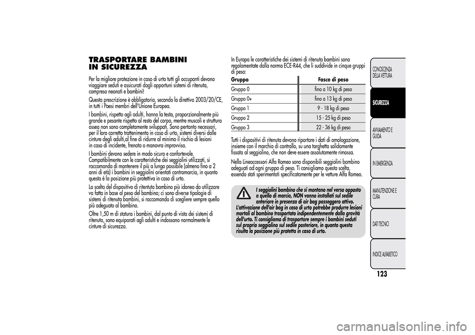Alfa Romeo MiTo 2014 Manuale del proprietario (in Italian) TRASPORTARE BAMBINI
IN SICUREZZAPer la migliore protezione in caso di urto tutti gli occupanti devono
viaggiare seduti e assicurati dagli opportuni sistemi di ritenuta,
compreso neonati e bambini!
Que Alfa Romeo MiTo 2014 Manuale del proprietario (in Italian) TRASPORTARE BAMBINI
IN SICUREZZAPer la migliore protezione in caso di urto tutti gli occupanti devono
viaggiare seduti e assicurati dagli opportuni sistemi di ritenuta,
compreso neonati e bambini!
Que