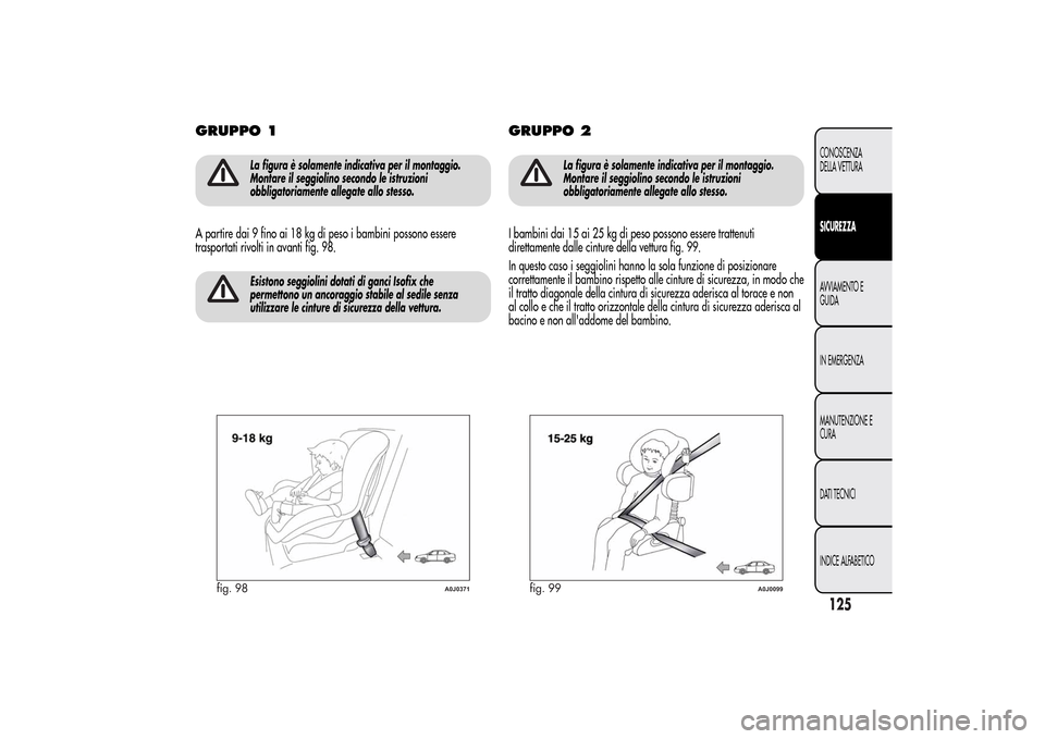 Alfa Romeo MiTo 2014 Manuale del proprietario (in Italian) GRUPPO 1
La figura è solamente indicativa per il montaggio.
Montare il seggiolino secondo le istruzioni
obbligatoriamente allegate allo stesso.
A partire dai 9 fino ai 18 kg di peso i bambini possono Alfa Romeo MiTo 2014 Manuale del proprietario (in Italian) GRUPPO 1
La figura è solamente indicativa per il montaggio.
Montare il seggiolino secondo le istruzioni
obbligatoriamente allegate allo stesso.
A partire dai 9 fino ai 18 kg di peso i bambini possono