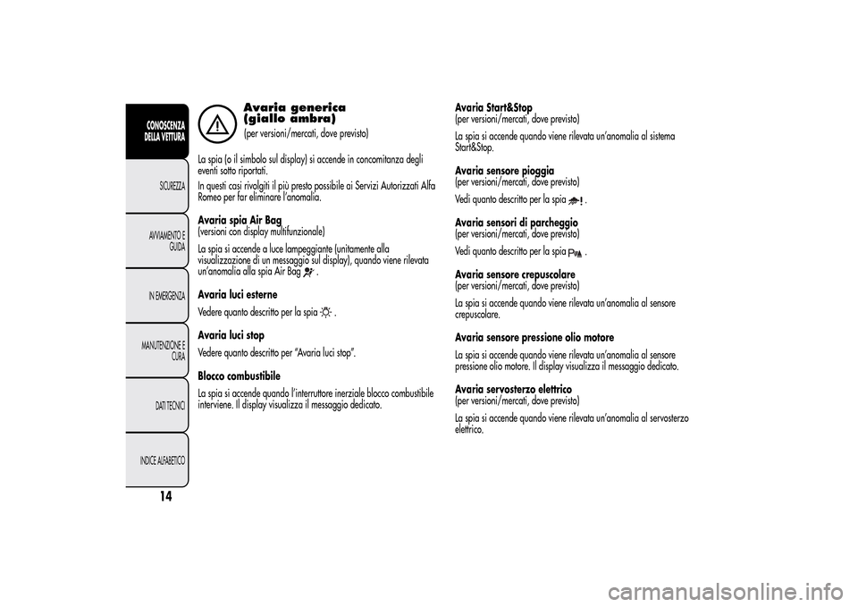 Alfa Romeo MiTo 2014  Manuale del proprietario (in Italian) Avaria generica
(giallo ambra)(per versioni/mercati, dove previsto)
La spia (o il simbolo sul display) si accende in concomitanza degli
eventi sotto riportati.
In questi casi rivolgiti il più presto 