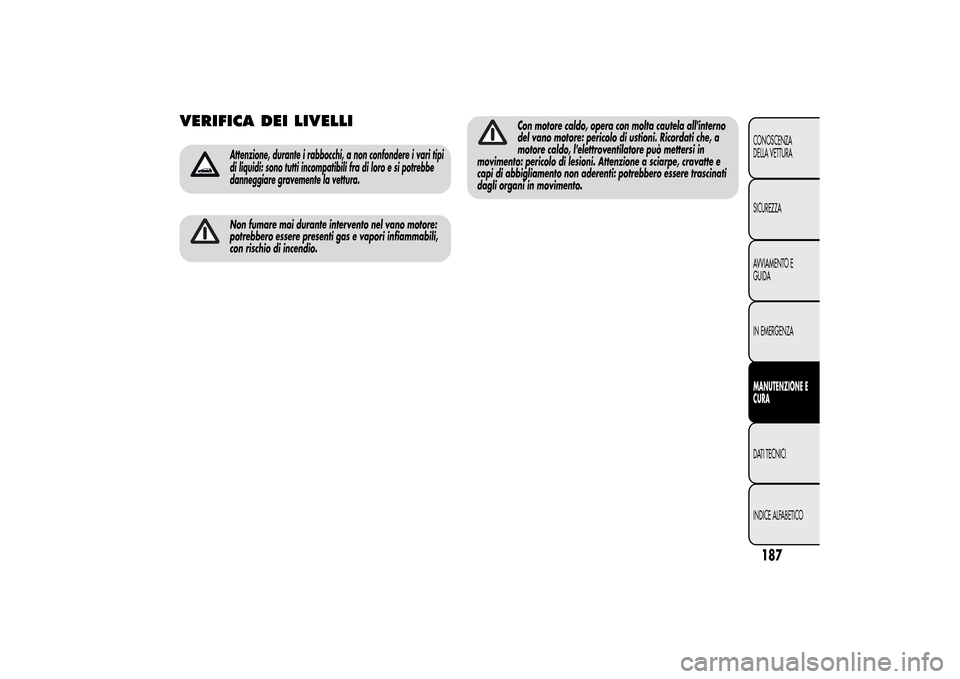 Alfa Romeo MiTo 2014 Manuale del proprietario (in Italian) VERIFICA DEI LIVELLI
Attenzione, durante i rabbocchi, a non confondere i vari tipi
di liquidi: sono tutti incompatibili fra di loro e si potrebbe
danneggiare gravemente la vettura.Non fumare mai duran Alfa Romeo MiTo 2014 Manuale del proprietario (in Italian) VERIFICA DEI LIVELLI
Attenzione, durante i rabbocchi, a non confondere i vari tipi
di liquidi: sono tutti incompatibili fra di loro e si potrebbe
danneggiare gravemente la vettura.Non fumare mai duran