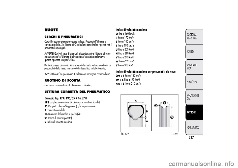 Alfa Romeo MiTo 2014 Manuale del proprietario (in Italian) RUOTECERCHI E PNEUMATICICerchi in acciaio stampato oppure in lega. Pneumatici Tubeless a
carcassa radiale. Sul libretto di Circolazione sono inoltre riportati tutti i
pneumatici omologati.
AVVERTENZA Alfa Romeo MiTo 2014 Manuale del proprietario (in Italian) RUOTECERCHI E PNEUMATICICerchi in acciaio stampato oppure in lega. Pneumatici Tubeless a
carcassa radiale. Sul libretto di Circolazione sono inoltre riportati tutti i
pneumatici omologati.
AVVERTENZA