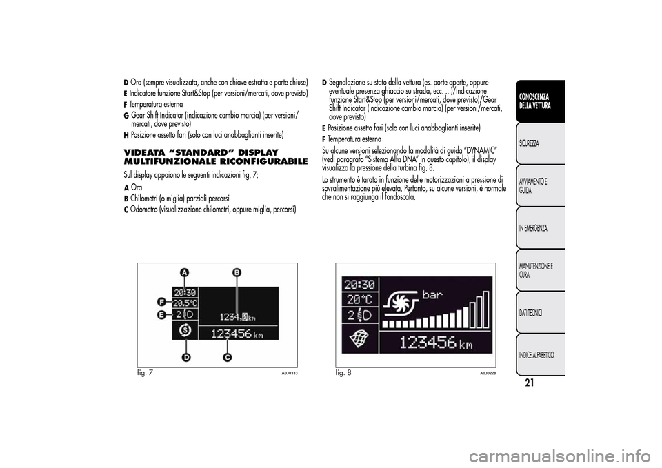 Alfa Romeo MiTo 2014  Manuale del proprietario (in Italian) DOra (sempre visualizzata, anche con chiave estratta e porte chiuse)EIndicatore funzione Start&Stop (per versioni/mercati, dove previsto)FTemperatura esternaGGear Shift Indicator (indicazione cambio m