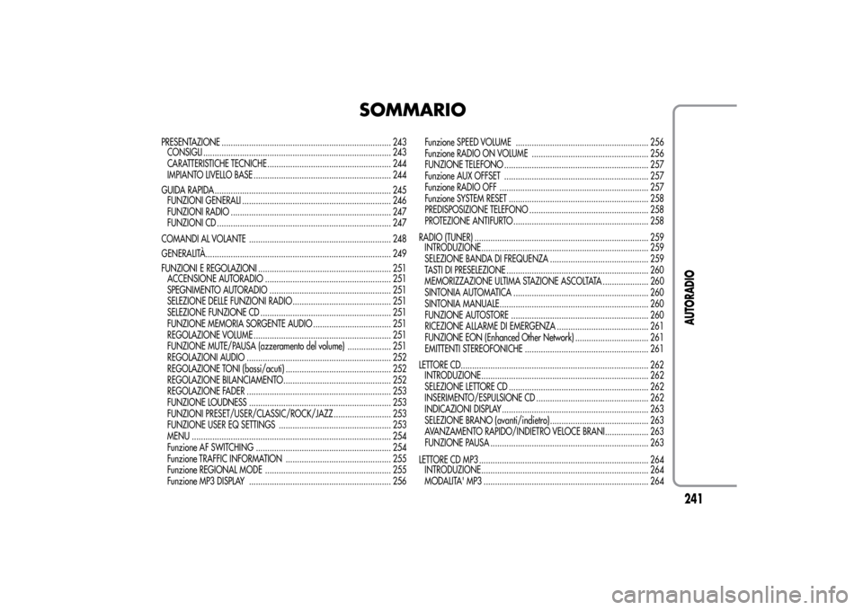 Alfa Romeo MiTo 2014 Manuale del proprietario (in Italian) SOMMARIO
PRESENTAZIONE .......................................................................... 243
CONSIGLI .................................................................................. 243
CA Alfa Romeo MiTo 2014 Manuale del proprietario (in Italian) SOMMARIO
PRESENTAZIONE .......................................................................... 243
CONSIGLI .................................................................................. 243
CA