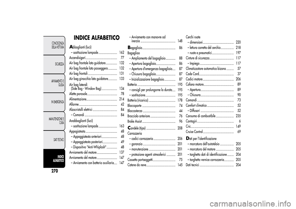 Alfa Romeo MiTo 2014  Manuale del proprietario (in Italian) INDICE ALFABETICO
A
bbaglianti (luci)
– sostituzione lampade ....................... 162
Accendisigari....................................... 77
Air bag frontale lato guidatore .............. 132
Ai